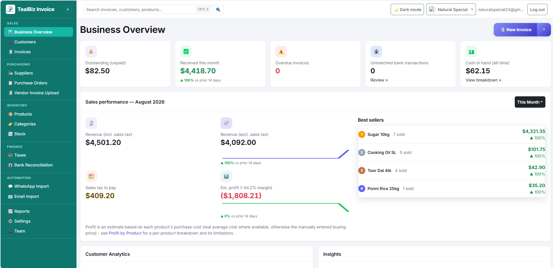 TealBiz dashboard